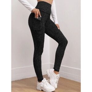NEW High Rise Contrast Stitching Leggings Pockets Medium Pull On Stretchy black